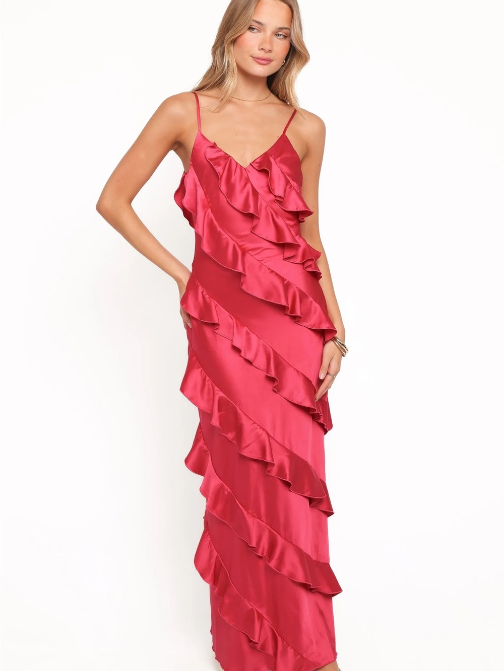 Ciao Ruffles Maxi Satin Dress fuchsia/red
